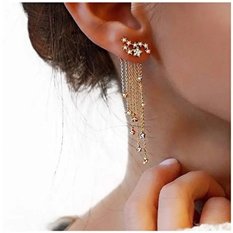 Inilbran Boho Cristallo Stella Strisciante Orecchini Lunga Stella Nappe Catena Orecchini D'oro Strass Stella Scalatore miniatura 2