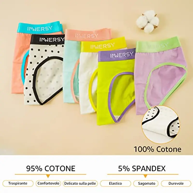 INNERSY Slip Bambina 12 Anni Cotone Mutande Ragazza Sportive Intimo Adolescenti 8-16 Multipack 6 (12-14 Anni, 5 Multicolore/1 Pois) miniatura 3