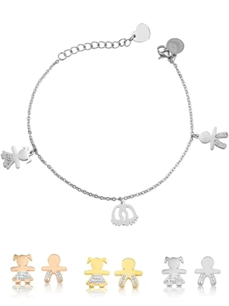 inSCINTILLE Sweet Child Bracciale Donna Acciaio con Ciondoli Bebè, Cuore, Piedini, Bracciale Mamma e Figlio, Confezione