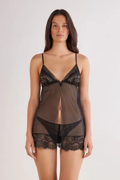 Babydoll Tulle e Pizzo Sheer Glamour Donna Nero