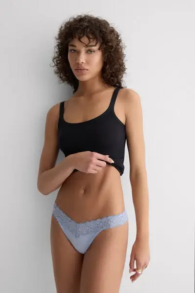 Brasiliana Stile Anni 80 in Pizzo e Microfibra Donna Azzurro