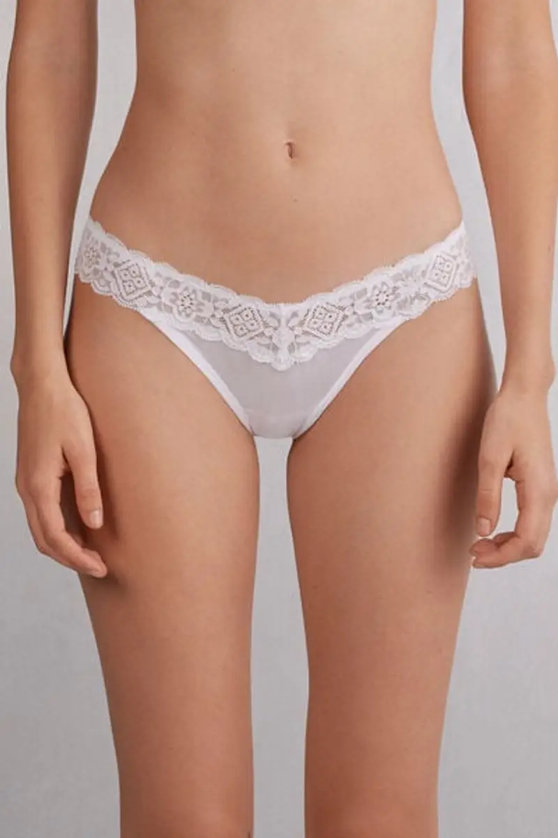 Intimissimi Brasiliana Stile Anni '80 in Pizzo e Microfibra Donna Bianco Taglia 2