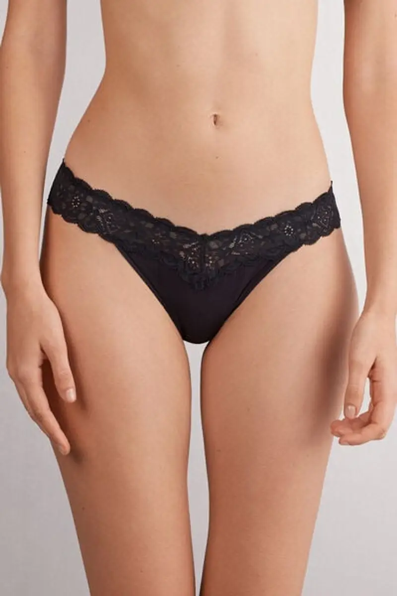 Intimissimi Brasiliana Stile Anni '80 in Pizzo e Microfibra Donna Nero Taglia 2