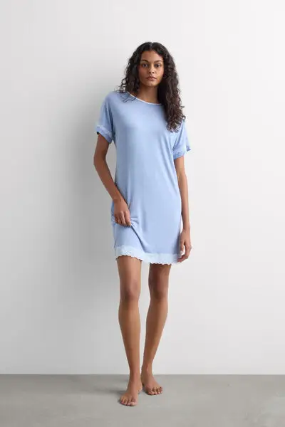 Camicia da Notte a Maniche Corte con Dettagli in Pizzo Donna Blu
