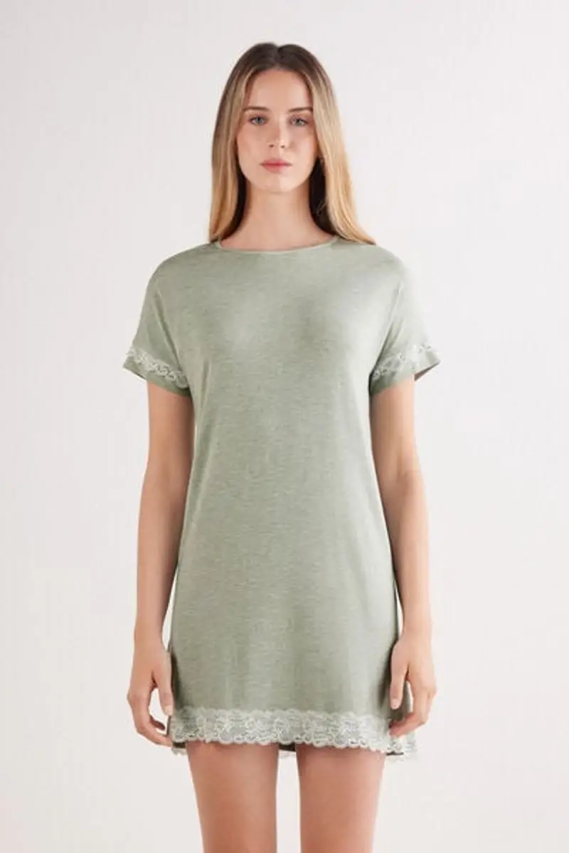 Intimissimi Camicia da Notte a Maniche Corte con Dettagli in Pizzo Donna Verde Taglia L