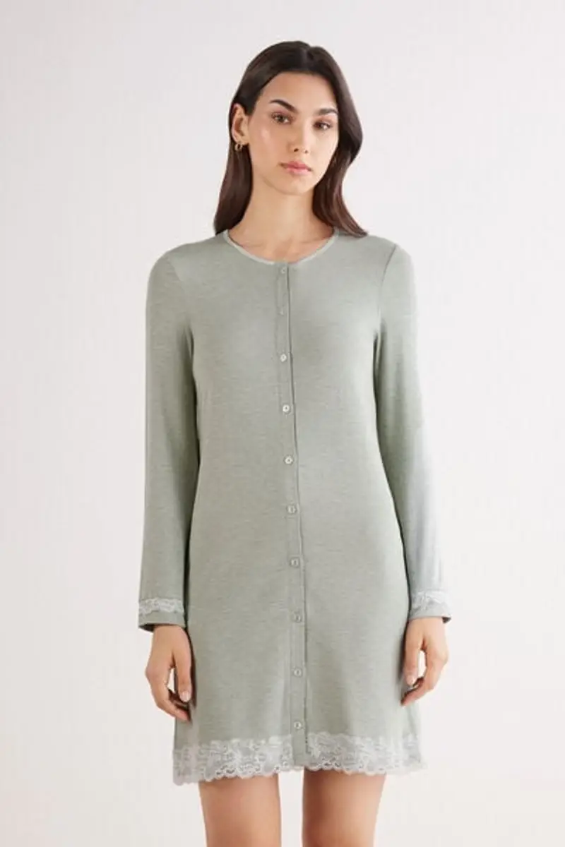 Intimissimi Camicia da Notte Aperta con Dettagli in Pizzo Donna Verde Taglia L