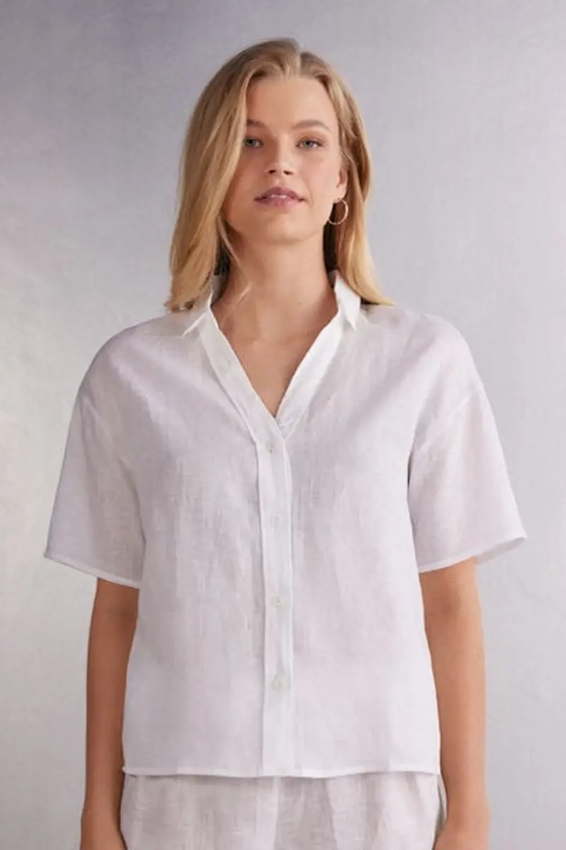 Intimissimi Camicia Manica Corta in Tela di Lino The Pure Linen Donna Bianco Taglia L