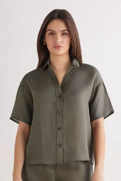 Camicia Manica Corta in Tela di Lino The Pure Linen Donna Verde