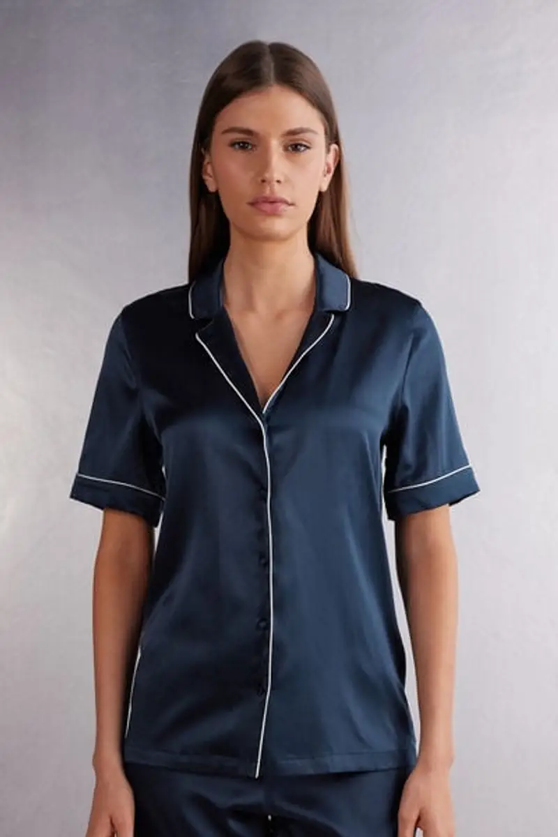 Intimissimi Camicia Maniche Corte in Seta Taglio Uomo Donna Blu Taglia L