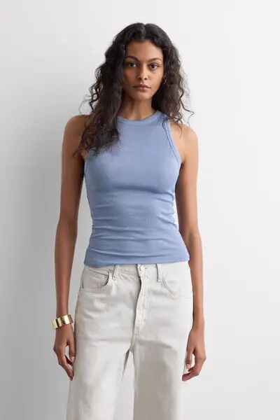 Canotta a Costine in Cotone Lamè Donna Azzurro