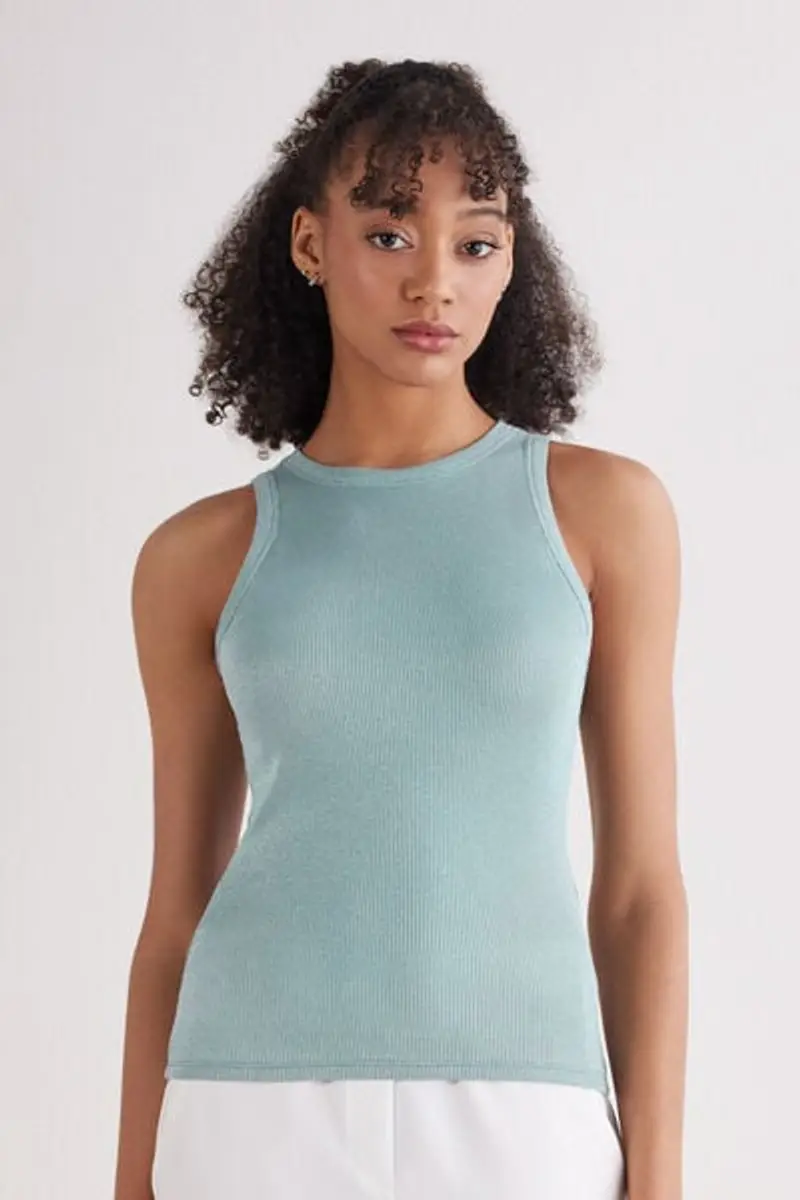 Canotta a Costine in Cotone Lamè Donna Verde