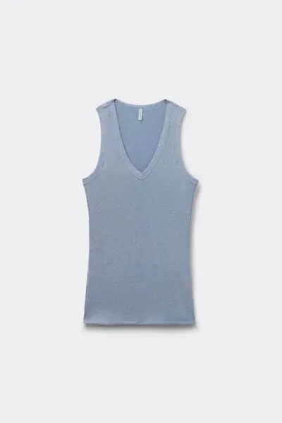 Canotta a Costine in Cotone Lamè Scollo a V Donna Azzurro