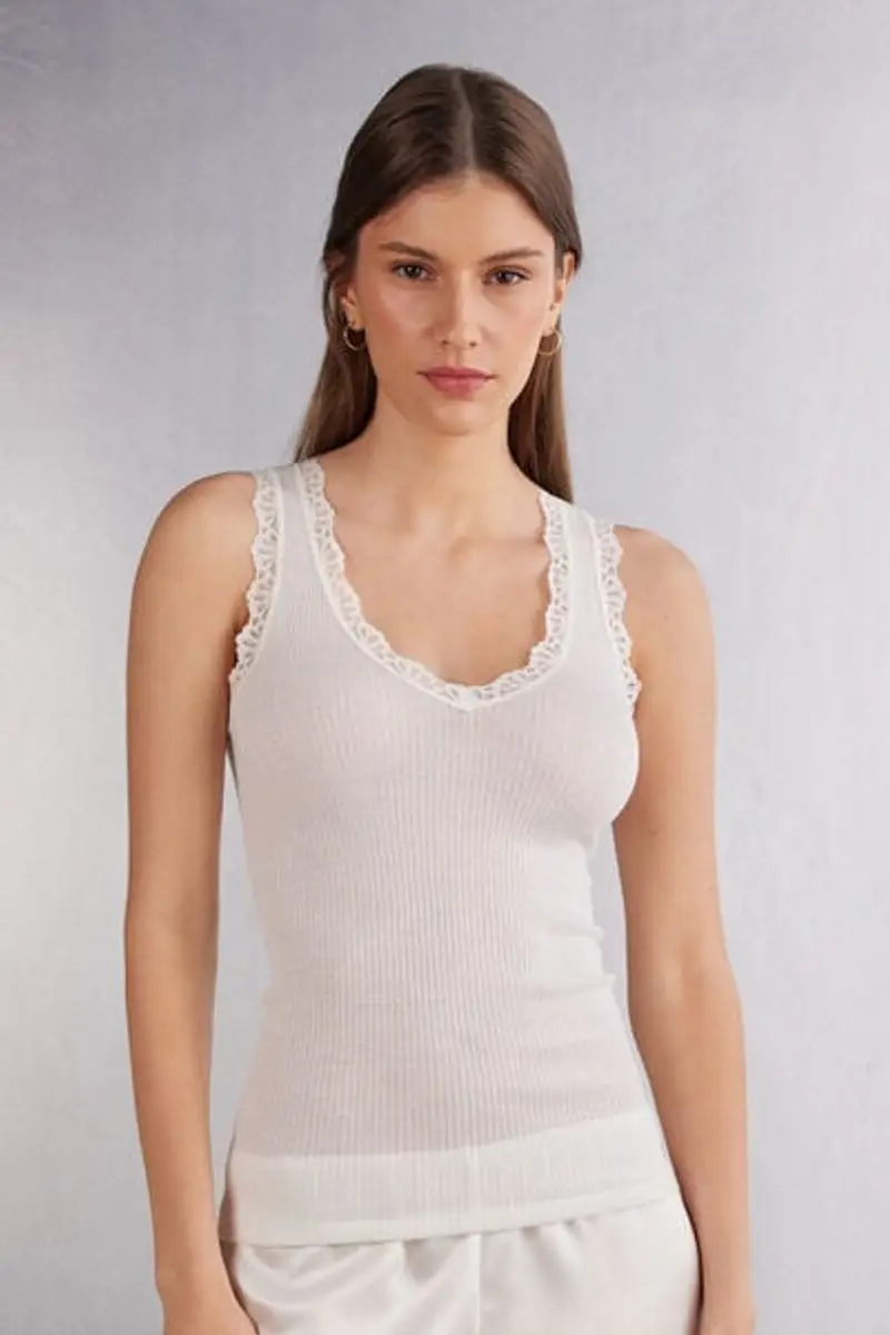 Intimissimi Canotta in Lana e Seta con Pizzo Donna Avorio Taglia S