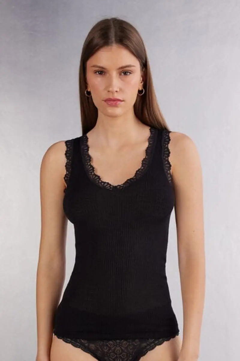 Intimissimi Canotta in Lana e Seta con Pizzo Donna Nero Taglia M