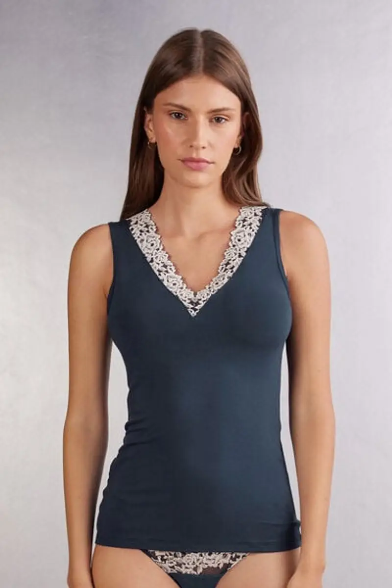 Intimissimi Canotta in Modal e Pizzo Pretty Flower Donna Blu Taglia M