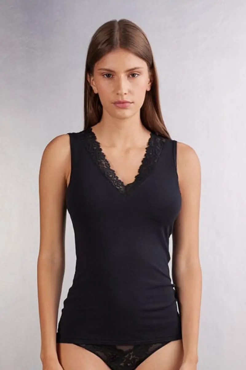 Intimissimi Canotta in Modal e Pizzo Pretty Flower Donna Nero Taglia L
