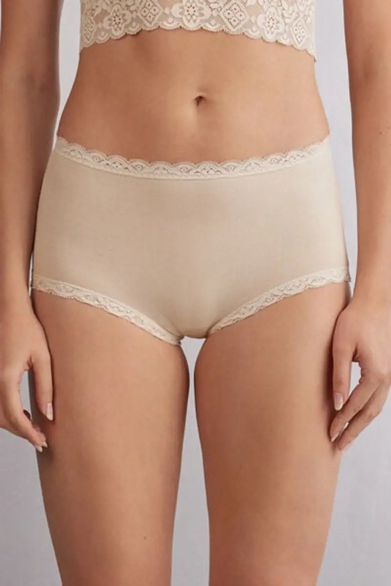 Intimissimi Culotte Vita Alta in Cotone e Pizzo Donna Naturale Taglia 2