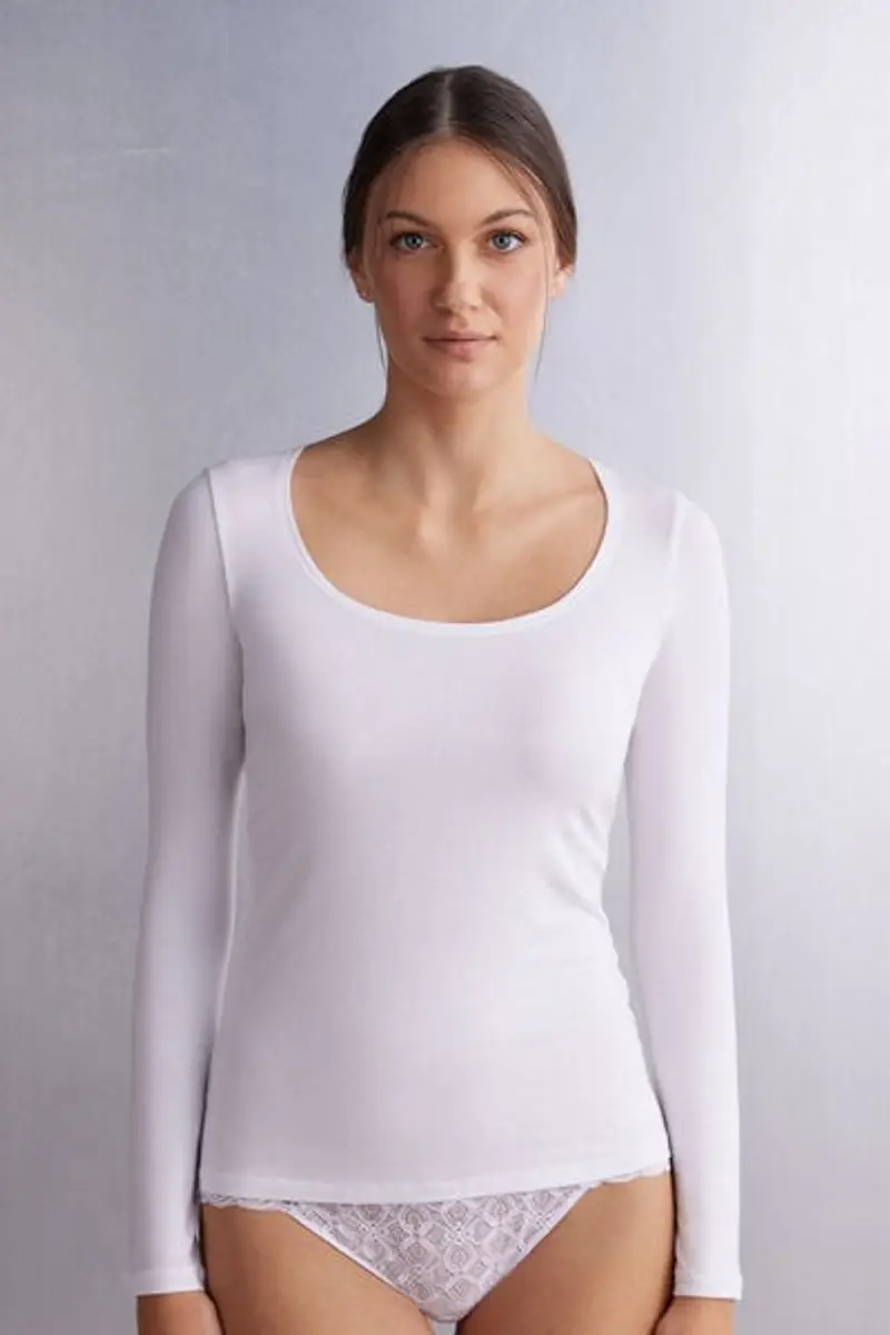 Intimissimi Maglia a Manica Lunga con Scollo a Madonna in Micromodal Donna Bianco Taglia L