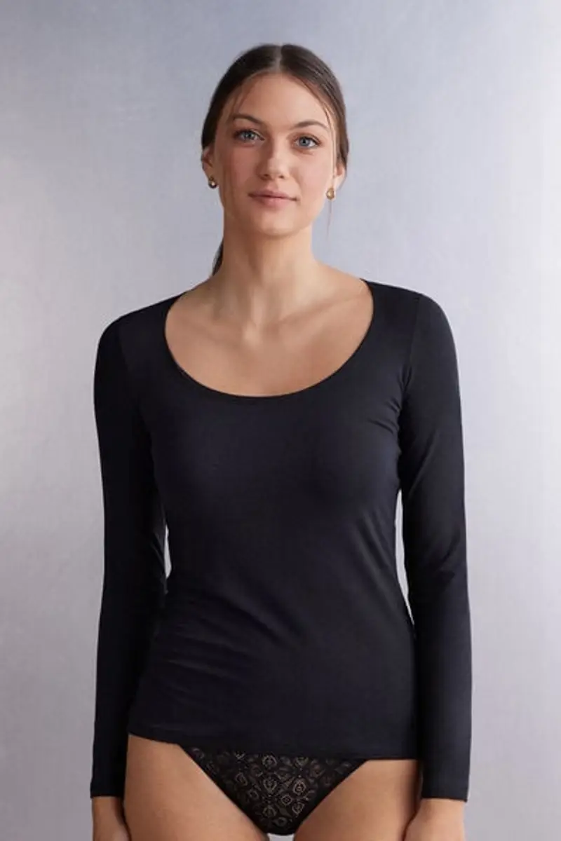 Maglia a Manica Lunga con Scollo a Madonna in Micromodal Donna Nero