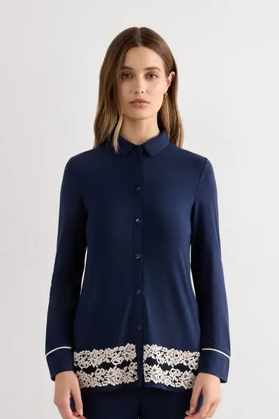 Maglia Aperta Davanti in Modal Pretty Flowers Donna Blu