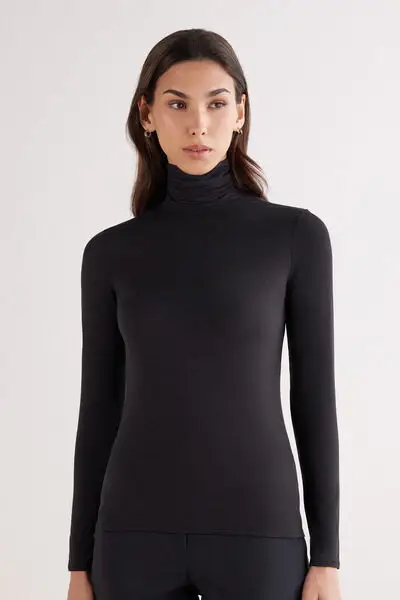 Maglia Collo Alto in Fresh Bamboo Donna Nero