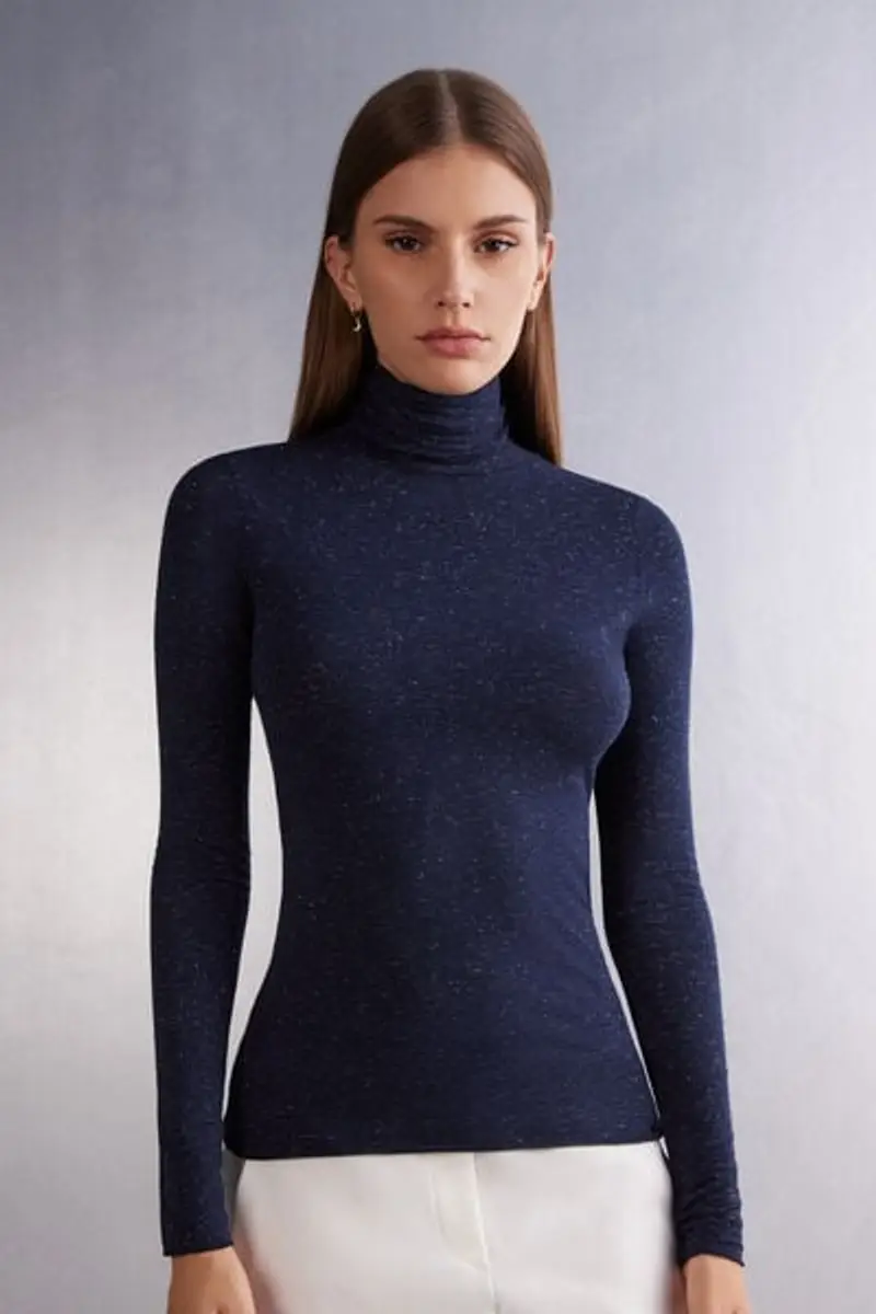 Maglia Collo Alto in Modal Light con Cashmere Lamè Donna Blu
