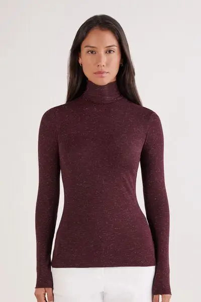 Maglia Collo Alto in Modal Light con Cashmere Lamè Donna Bordeaux