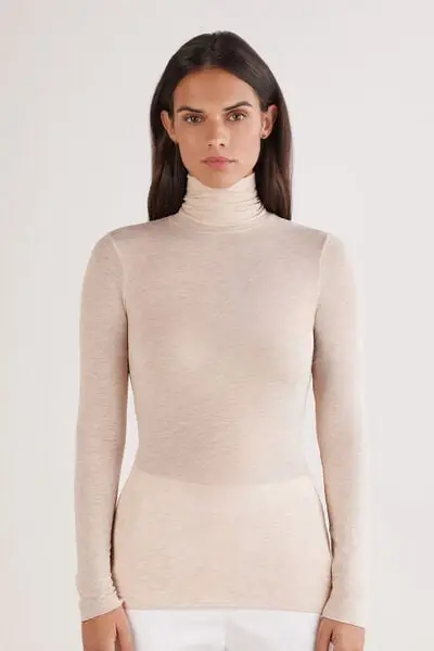 Maglia in Modal Ultralight con Cashmere Collo Alto Donna Beige
