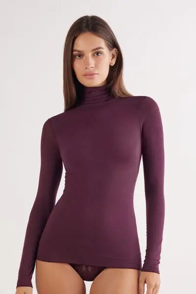 Maglia in Modal Ultralight con Cashmere Collo Alto Donna Bordeaux