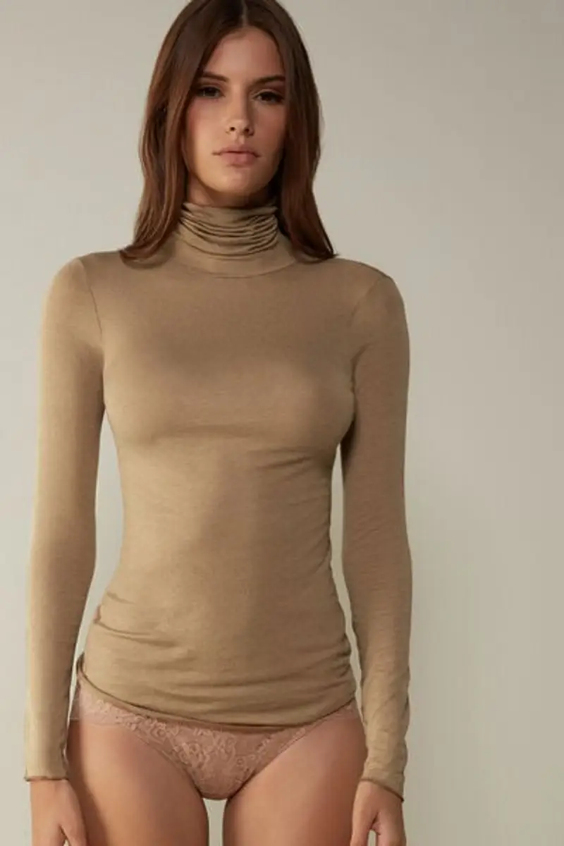 Intimissimi Maglia in Modal Ultralight con Cashmere Collo Alto Donna Marrone Taglia M