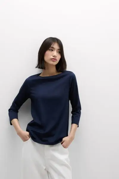 Maglia Manica 3/4 Scollo a Barchetta in Elevated Cotton Donna Blu