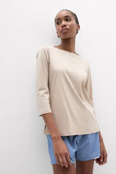 Maglia Manica 3/4 Scollo a Barchetta in Elevated Cotton Donna Naturale