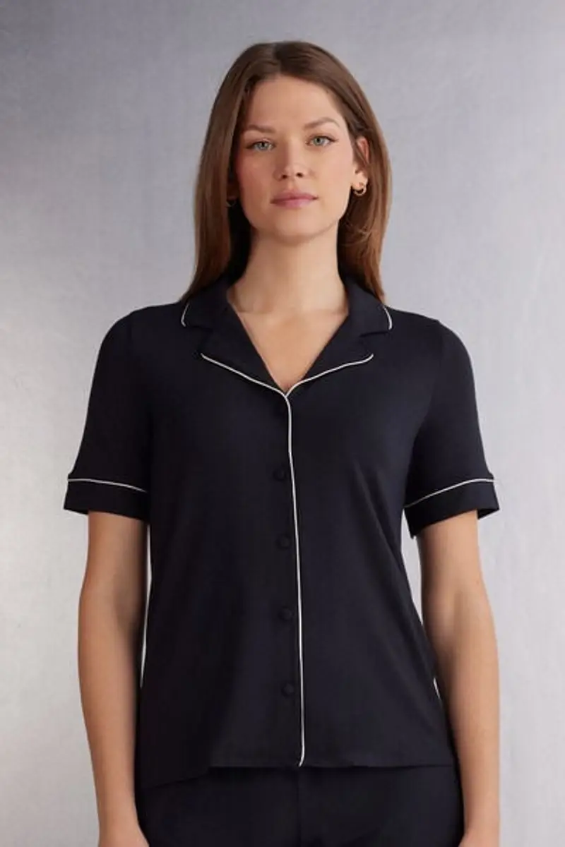 Intimissimi Maglia Manica Corta Aperta Davanti in Modal Donna Nero Taglia L