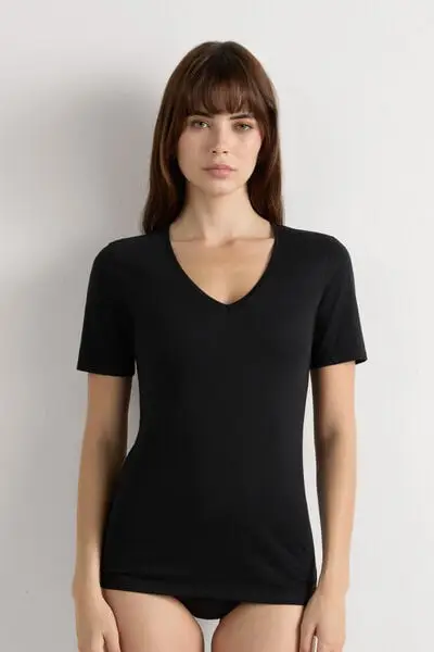 Maglia Manica Corta con Scollo a V in Cotone Ultrafresh Donna Nero
