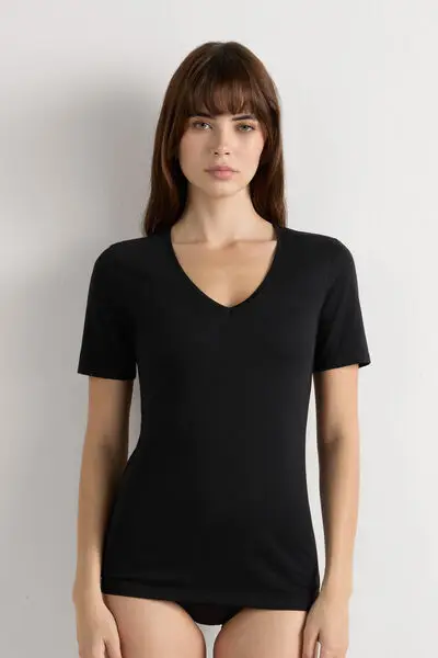 Maglia Manica Corta con Scollo a V in Cotone Ultrafresh Donna Nero