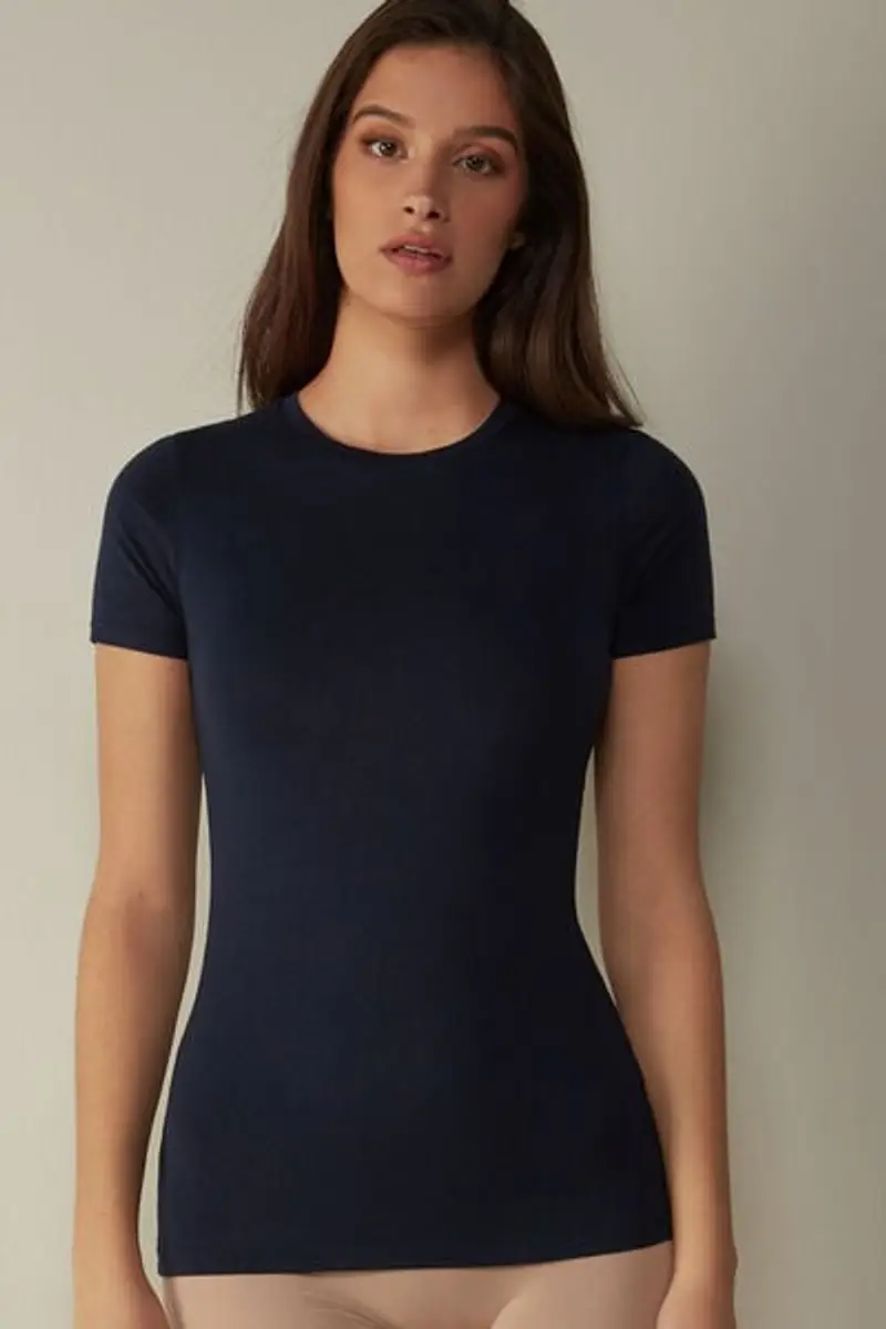 Intimissimi Maglia Manica Corta in Cotone Superior Elasticizzato Donna Blu Taglia L