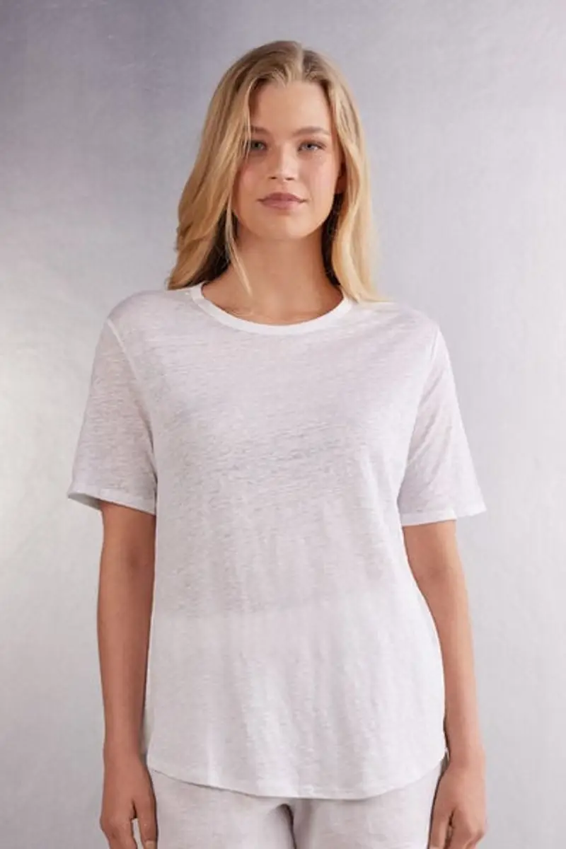 Intimissimi Maglia Manica Corta in Lino The Pure Linen Donna Bianco Taglia L