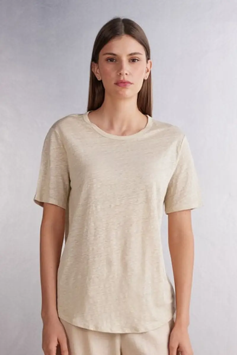 Intimissimi Maglia Manica Corta in Lino The Pure Linen Donna Naturale Taglia L
