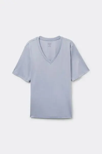Maglia Manica Corta Scollo a V in Elevated Cotton Donna Azzurro