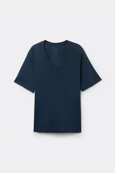 Maglia Manica Corta Scollo a V in Elevated Cotton Donna Blu