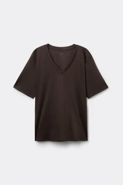 Maglia Manica Corta Scollo a V in Elevated Cotton Donna Marrone