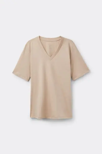Maglia Manica Corta Scollo a V in Elevated Cotton Donna Naturale