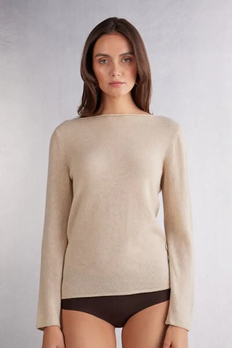 Intimissimi Maglia Manica Lunga 100% Cashmere Donna Beige Taglia M