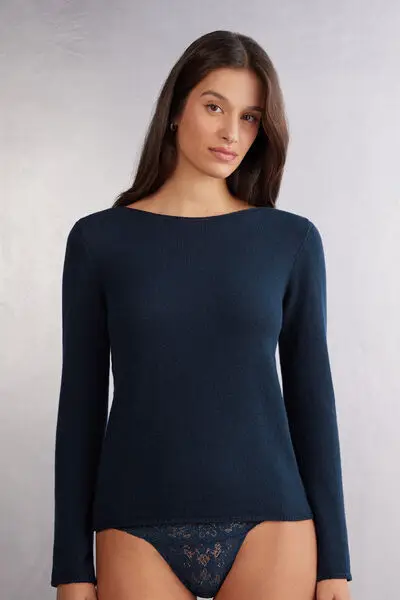 Maglia Manica Lunga 100% Cashmere Donna Blu