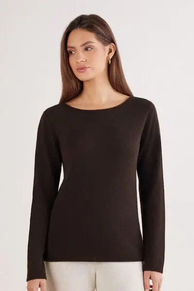 Maglia Manica Lunga 100% Cashmere Donna Marrone
