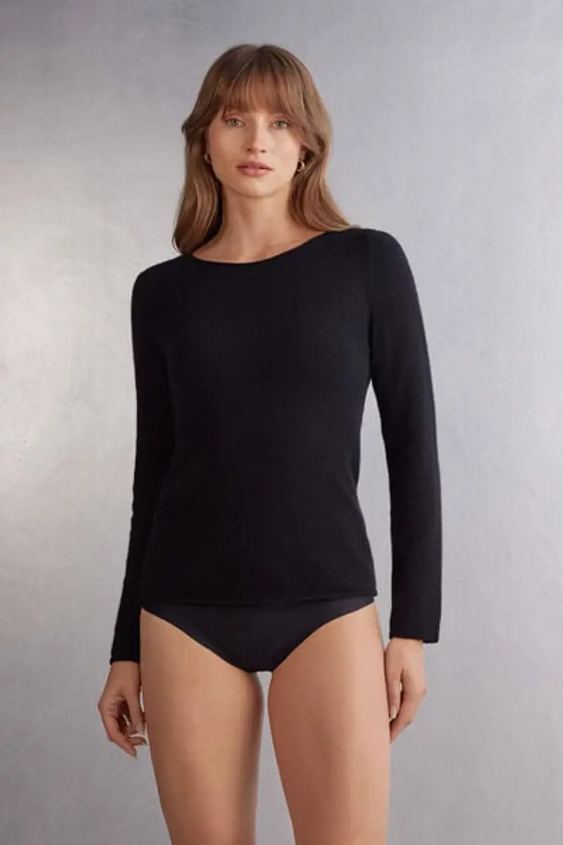 Intimissimi Maglia Manica Lunga 100% Cashmere Donna Nero Taglia L