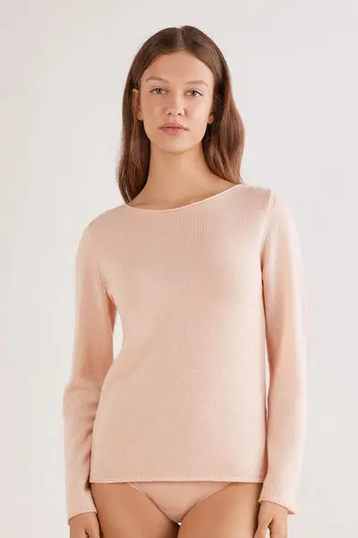 Maglia Manica Lunga 100% Cashmere Donna Rosa
