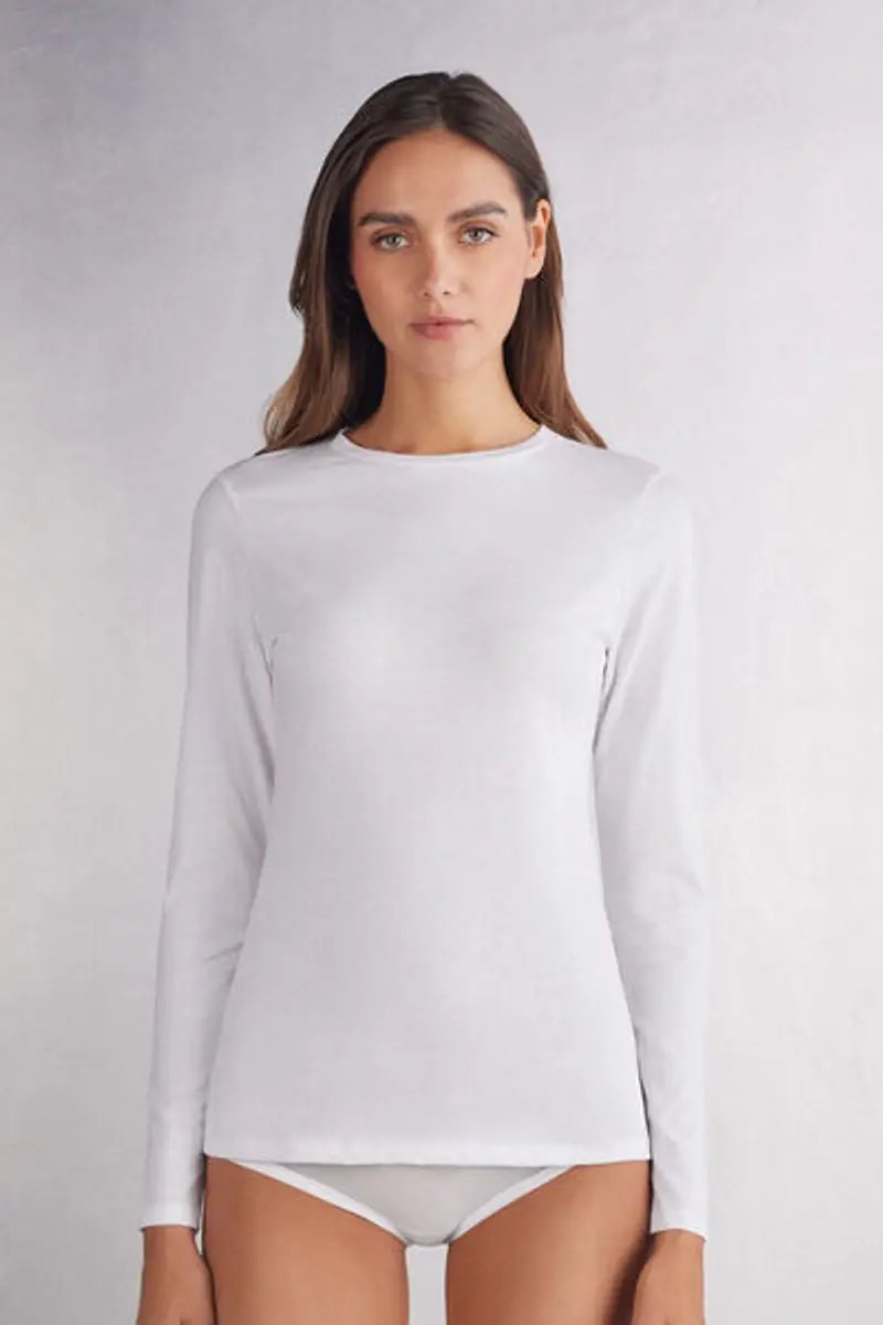 Maglia Manica Lunga a Girocollo in Cotone Superior Donna Bianco