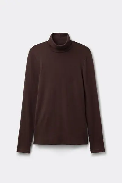 Maglia Manica Lunga Collo Alto 100% Lana Merino Donna Marrone