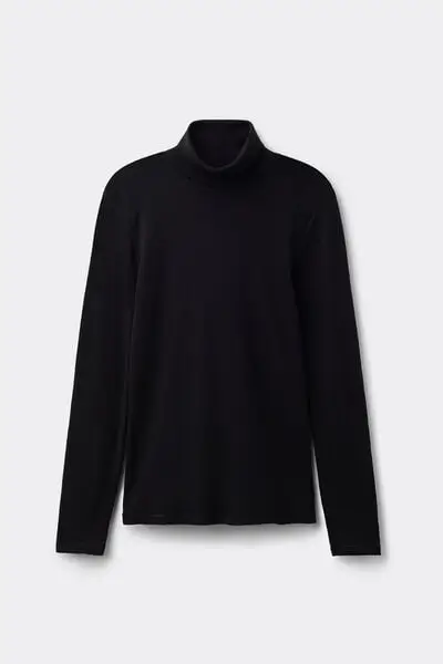 Maglia Manica Lunga Collo Alto 100% Lana Merino Donna Nero
